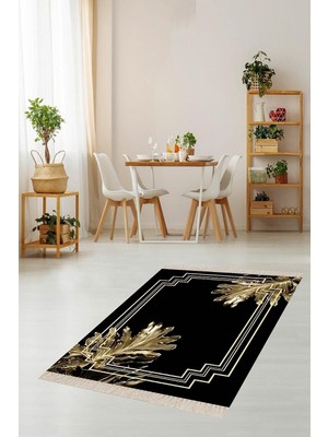 Belirtilmemiş Pelangi Gold Yaprak Desenli Çerçeveli Dijital Baskı Halı, Siyah 180 x 250
