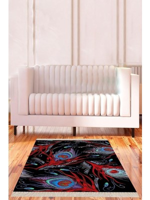 Belirtilmemiş Pelangi Siyah Tavuskuşu Tüyü Desenli Dijital Baskı Yıkanabilir Kaymaz Taban Kilim Model Salon Halıs