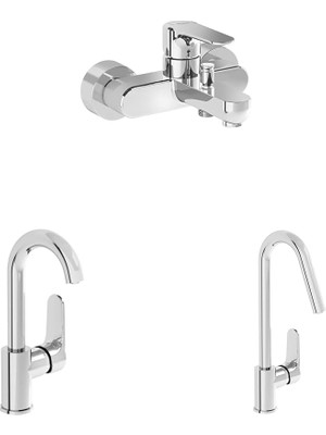 Belirtilmemiş Root Round Döner Borulu Lavabo Bataryası + Banyo Bataryası + Eviye Bataryası Seti
