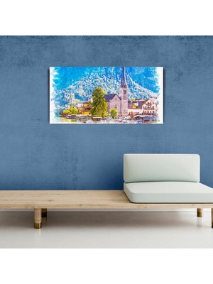 İşsevenler Dağ ve göl temalı Kasaba Yağlıboya Görünümlü Kanvas Tablo 60 x 120