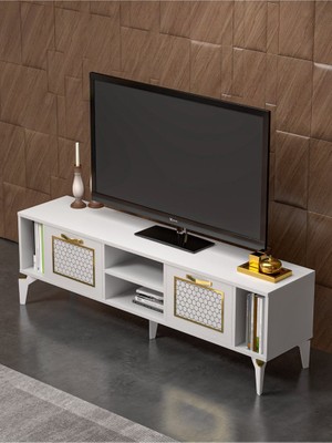 İşsevenler Tv Sehpası Tv Ünitesi Beyaz Gold 160 Cm Linya 5042