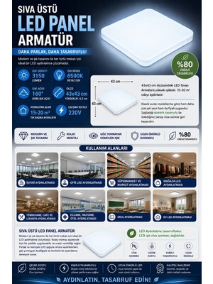 Leday Sıva Üstü LED Panel 42W Dekoratif Armatür Düz(Beyaz Işık 6500K) 43X43