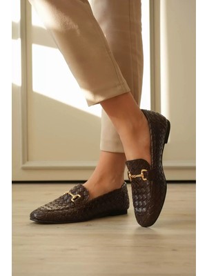 Roof Atelier Kadın Acı Kahve Örgü Desenli Toka Detaylı Loafer Ayakkabı - Hanly