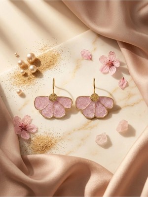 Nuveria Gold Kaplama Yaprak Pembe Sedefli Mineli Küpe