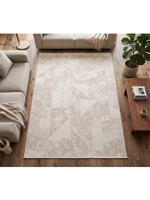 Merinos Vista Krem Renk %100 Akrilik Parlak Dokuma Bej Geometrik Desenli Yumuşak Dokulu Salon Oturma Odası Halısı 76644-61