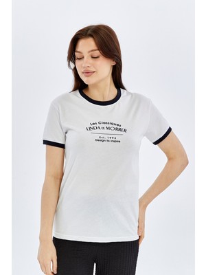 Trender O Yaka Relaxed Fit Kadın T-Shirt Linda Beyaz-Indigo