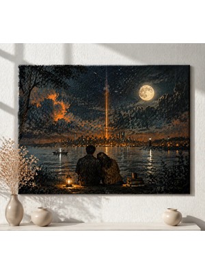 HiperAD Reklam Sinematik Gece Manzarası Ay Işığı ve Şehir Temalı 3 mm Dekota Tablo Arkası Bantlı