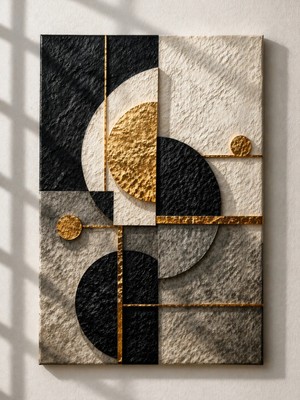 HiperAD Reklam Modern Geometrik Siyah Gold Bej Dekoratif 3 mm Dekota Tablo Duvar Tablosu Arkası Bantlı