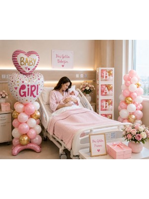 Bkmc Party Baby Girl Hastane Odası Süsleme Seti – Hoş Geldin Bebek Balon Dekorasyon Seti, Baby Kutu, Balon Standı ve Balon Zinciri