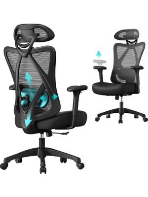 Songmics Songmıcs Ofis Sandalyesi, Ergonomik Çalışma Masası Sandalyesi, Bilgisayar Sandalyesi, File Sandalye, Ayarlanabilir Bel Desteği ve Baş Desteği, 150 Kg'a Kadar Taşıma Kapasitesi, Yüksekliği