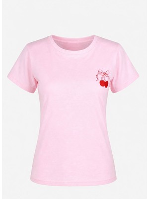 Trender 26YDT1000003 Somon Kadın T-Shirt Kiraz Nakış Baskı O Yaka