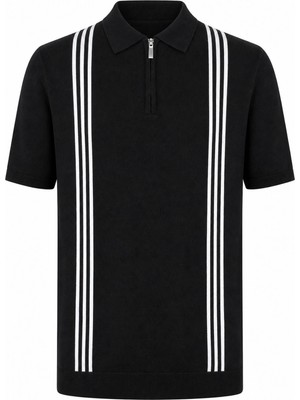 Trender Yarım Fermuarlı Siyah - Beyaz Erkek Polo Yaka T-Shirt 17439