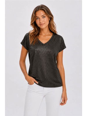 Fashion Friends V Yaka Simli Siyah Kadın Bluz 26Y0291K1