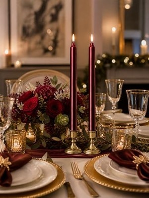 HBMB Store 2’li Bordo/koyu Kırmızı Metalik Şamdan Mum Seti 25 cm – Dekoratif Ince Şamdan Mum, Kokusuz Parafin WAX,%100 Pamuk Fitil, El Döküm, Uzun Süre Yanma (~10 Saat), Şık Sofra, Davet, Nişan, Düğün