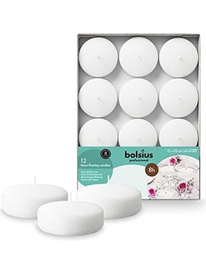 HBMB Store Bolsius Beyaz Mega Yüzen Mumlar, 8 Saat Yanma Süreli, Ø 7,6 cm Çapında, 12 Adet