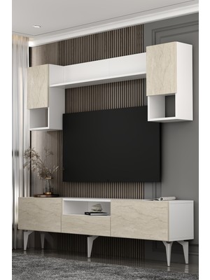 Dekortis Home Dekor 180DHDTÜÇ1BTG Sadem Tv Ünitesi Takımı Beyaz-Traverten-Gümüş