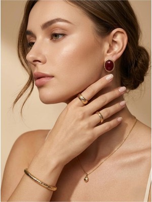 Nuveria Amber Oval - Mineli Altın Kaplama Oval Küpe