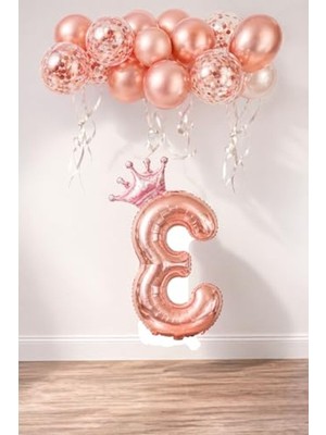 Esranın Dünyası Rose Gold Folyo Balon Seti, 3 Rakam ve Kral Tacı ile Parti Dekorasyonu