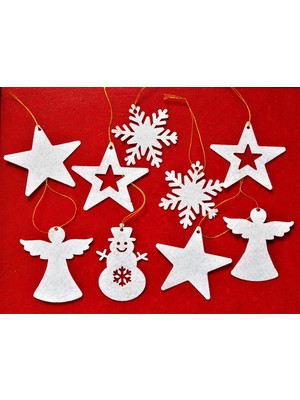 HBMB Store Mini Tasarım Atölyem Dokuzlu Beyaz Keçe Yılbaşı Ağacı Süsü Beyaz