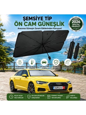 Baffhome Şemsiye Tip Araç Ön Cam Güneşliği Katlanabilir Oto Güneş Koruyucu UV Korumalı Isı Yalıtımlı Tüm Araçlarla Uyumlu