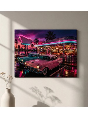 HiperAD Reklam Retro Neon Lokanta ve Klasik Araba Temalı Dekoratif Dekota Tablo 3 mm Kalınlıkta Duvar Tablosu