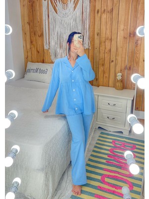 By Gamze Arman Bebe Mavisi Renk Pamuk Kumaş Geniş Kalıp Hamile Lohusa Pijama Takımı