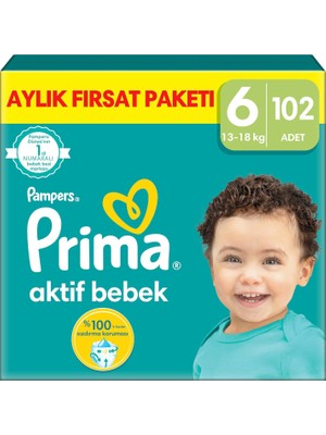 Prima Aktif Bebek, Bebek Bezi 6 Numara, 102 Adet Aylık Fırsat Paketi