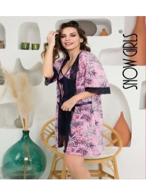 My Dora Lingerie Snow Girls Kadın Şık Ev Giyimi Dantelli Sabahlıklı Ikili Gecelik Takımı