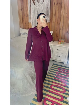By Gamze Arman Bordo Renk Pamuk Kumaş Hamile Lohusa Pijama Takımı