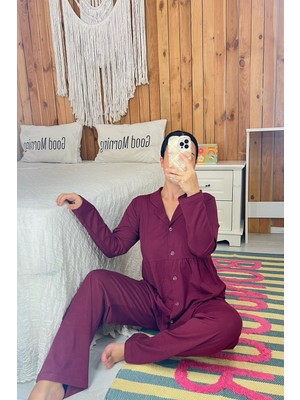 By Gamze Arman Bordo Renk Pamuk Kumaş Hamile Lohusa Pijama Takımı
