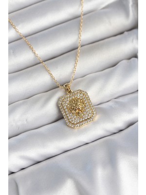 Kuşkaya Ticaret 316L Çelik Zincir Gold Aslan Madalyon Model Zirkon Taşlı Kadın Kolye