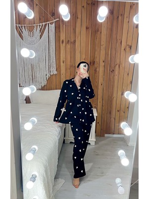 By Gamze Arman Siyah Renk Kalp Desenli Uzun Kol Geniş Kalıp Hamile Lohusa Pijama Takımı