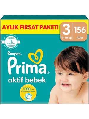 Prima Aktif Bebek, Bebek Bezi 3 Numara, 156 Adet Aylık Fırsat Paketi