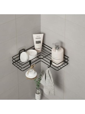 Larskas Yapışkanlı Banyo Köşeliği Köşe Rafı Duş Şampuanlık Duvar Düzenleyici Organizer Raf Siyah Metal