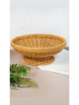 Empressco Yuvarlak 28CM Ayaklı Hasır Meyvelik, Dekoratif Masa Üstü Meyve Servisi