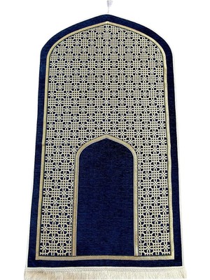 Karahanbey Oval Mihrap Desenli Püsküllü Lüks Şönil Seccade Lacivert
