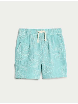 Marks & Spencer Saf Pamuklu Yaprak Nakışlı Şort (2-8 Yaş)