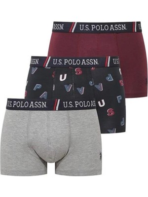 U.S. Polo Assn. 3'lü Pamuklu Likralı Erkek Boxer, Gri Melanj Mürdüm ve Baskılı, %95 Pamuk %5 Likra