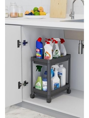 Larskas 2 Katlı Tekerlekli Düzenleyici Raf Mutfak Tezgah & Evye Altı Dolap Içi Organizer, Banyo Deterjanlık ve Şampuanlık, Çok Amaçlı Taşınabilir Sebzelik, Modern Dekoratif Mutfak Raf Ünitesi (Siyah)