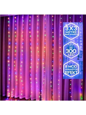 Larskas Rgb 300 LED Perde Işık 3x3 Metre, 10 Sarkıtlı, 8 Modlu, Kumandalı Dekoratif Çok Renkli Peri LED