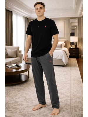 Polo Republica & CO Polo Republica %95 Pamuk Düğmeli Yaka Kısa Kollu Erkek Pijama Takım 3423