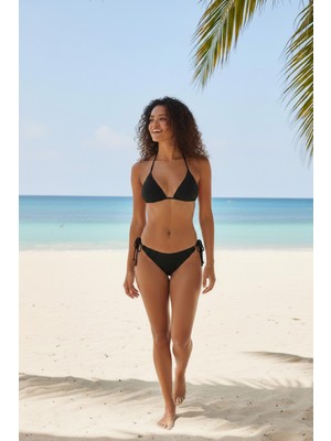 Vitaliselan Fashion Kadın Siyah Pedli Bel ve Boyundan Bağlamalı Dantelli Şık Bikini Takımı