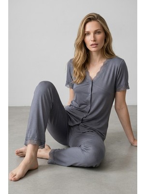 Morro Kadın Vişne Dantelli Viskon V Yaka Kısa Kollu Pijama Takımı