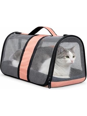 Larskas Aee® Komple Fileli Kedi Taşıma Çantası – Mdf Sert Tabanlı, Katlanabilir, Nefes Alabilen, Omuz Askılı & El Tutmalı, Hafif ve Sağlıklı Evcil Hayvan Taşıma Kutusu (45X28X28 Cm) (Somon)