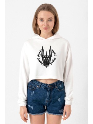Tshirthane The Rings Of Power Sketch Ekru Kadın Crop Kapşonlu