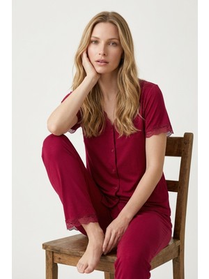 Morro Kadın Vişne Dantelli Viskon V Yaka Kısa Kollu Pijama Takımı