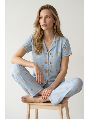 Morro Kadın Bordo Ayıcık Desenli Fitilli Kısa Kollu Şortlu Pijama Takımı