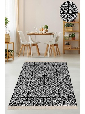 Karahanbey Pelangi Siyah Geometrik Desenli Osmanlı Motif Dijital Baskı Yıkanabilir Kaymaz Taban Kilim Model Ha