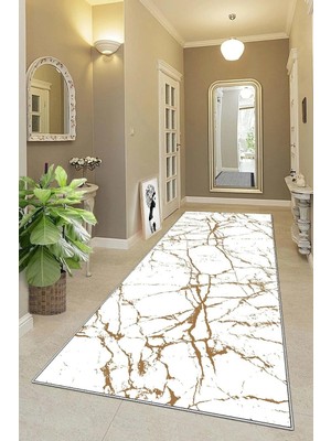 Karahanbey Pelangi Beyaz Zemin Gold Çizgili Mermer Desenli Dijital Baskı Yıkanabilir Modern Salon Halı ve Yoll