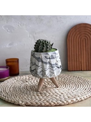 Larskas Modern Tasarım, El Yapımı Ahşap Ayaklı Antrasit Desenli Beyaz Beton Saksı - Minimalist Dekoratif Saksı, Kaktüs ve Sukulent Saksısı